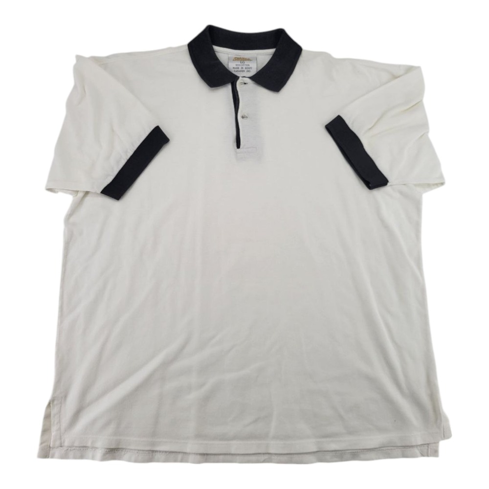 Prima White Polo Shirt Size L Black Collar Cotton Short Sleeve